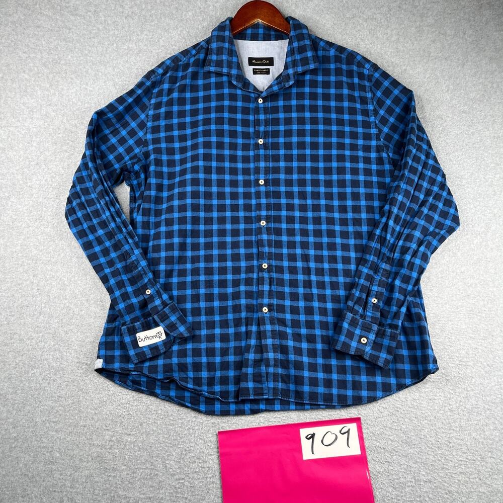 Massimo Dutti Shirt XXL Blue Check Casual Button Up Long Sleeve Mens